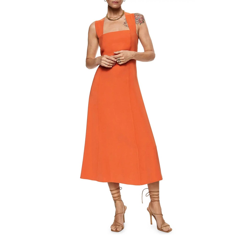 Mango 8 Wrap Back Sleeveless Midi Dress In Coral Red Square Neck NWT